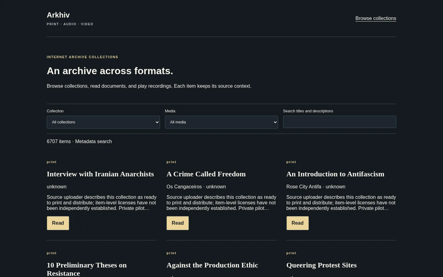 Arkhiv home page with collection, media and search filters, an item count, and a grid of print items with Read buttons