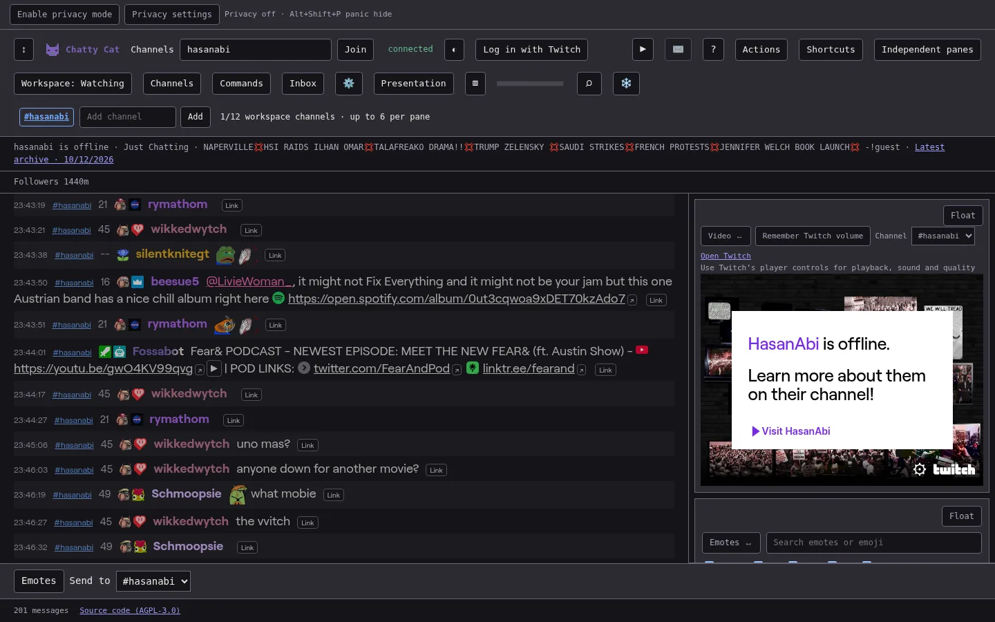 Chatty Cat showing one channel log with timestamped messages, an offline Twitch player and the emote panel, with channel, workspace and privacy controls across the top