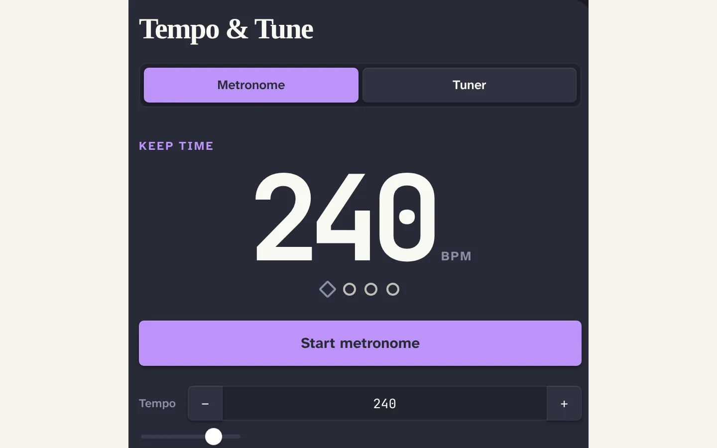 Metronome + Tuner view in Obsidian with the Metronome tab selected, a 240 BPM readout with four beat indicators, a Start button and tempo controls