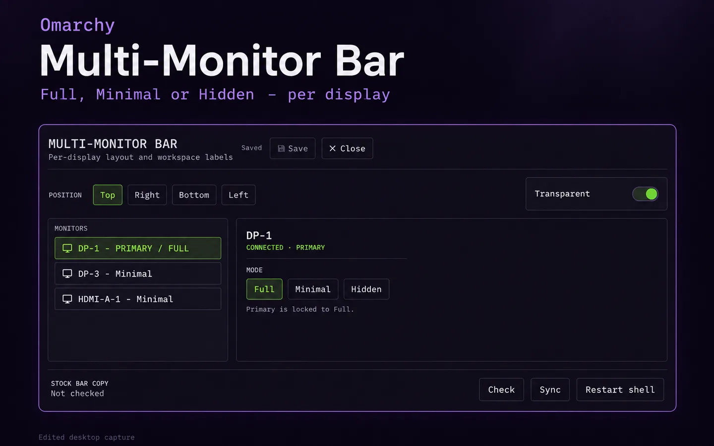 Omarchy Multi-Monitor Bar settings window listing three monitors, one primary on Full and two on Minimal, with Full, Minimal and Hidden buttons