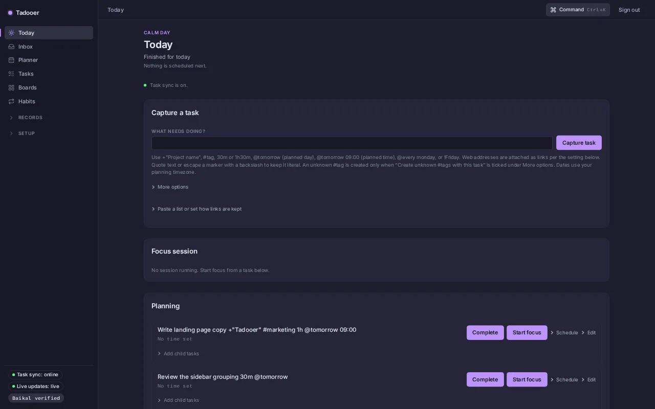 Tadooer Today view with sample tasks
