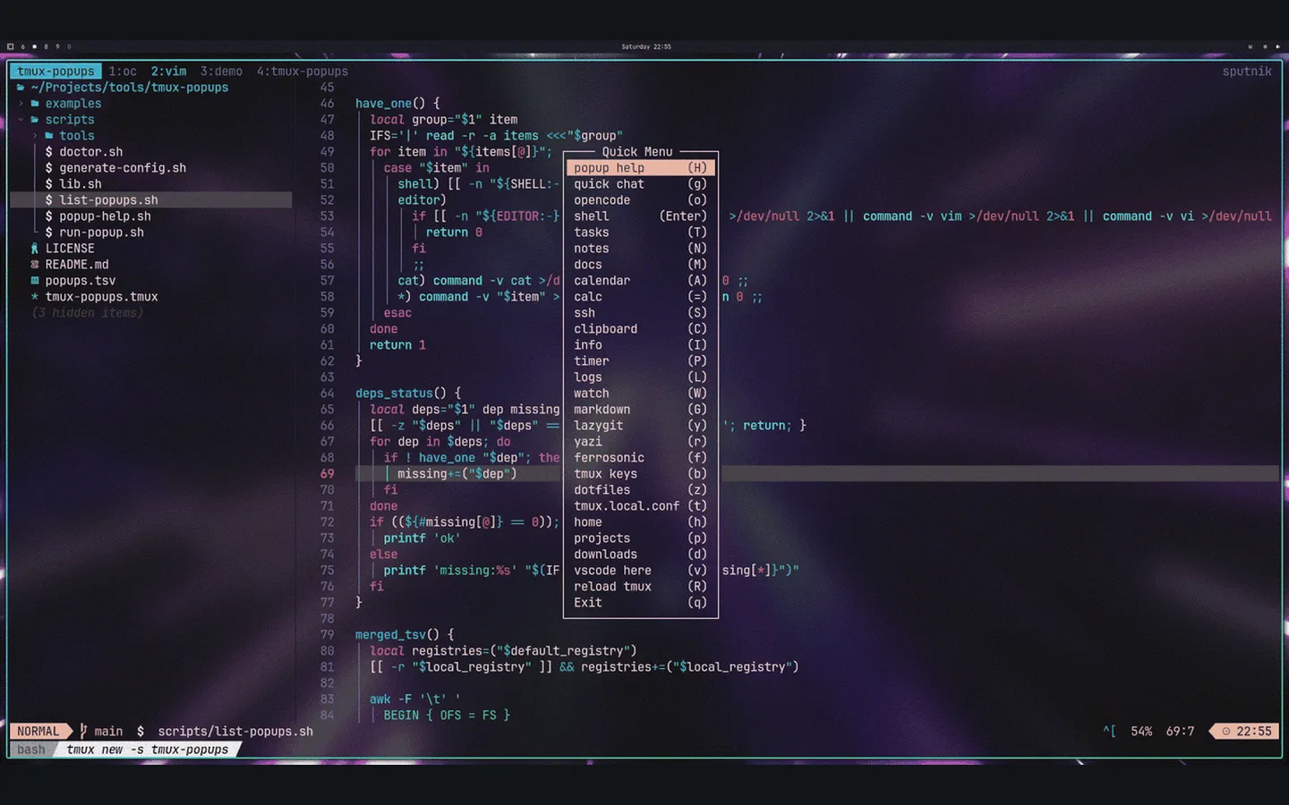 A tmux session with Neovim open and the tmux-popups Quick Menu in the centre listing popups such as help, shell, tasks, notes, calendar and lazygit with their key bindings