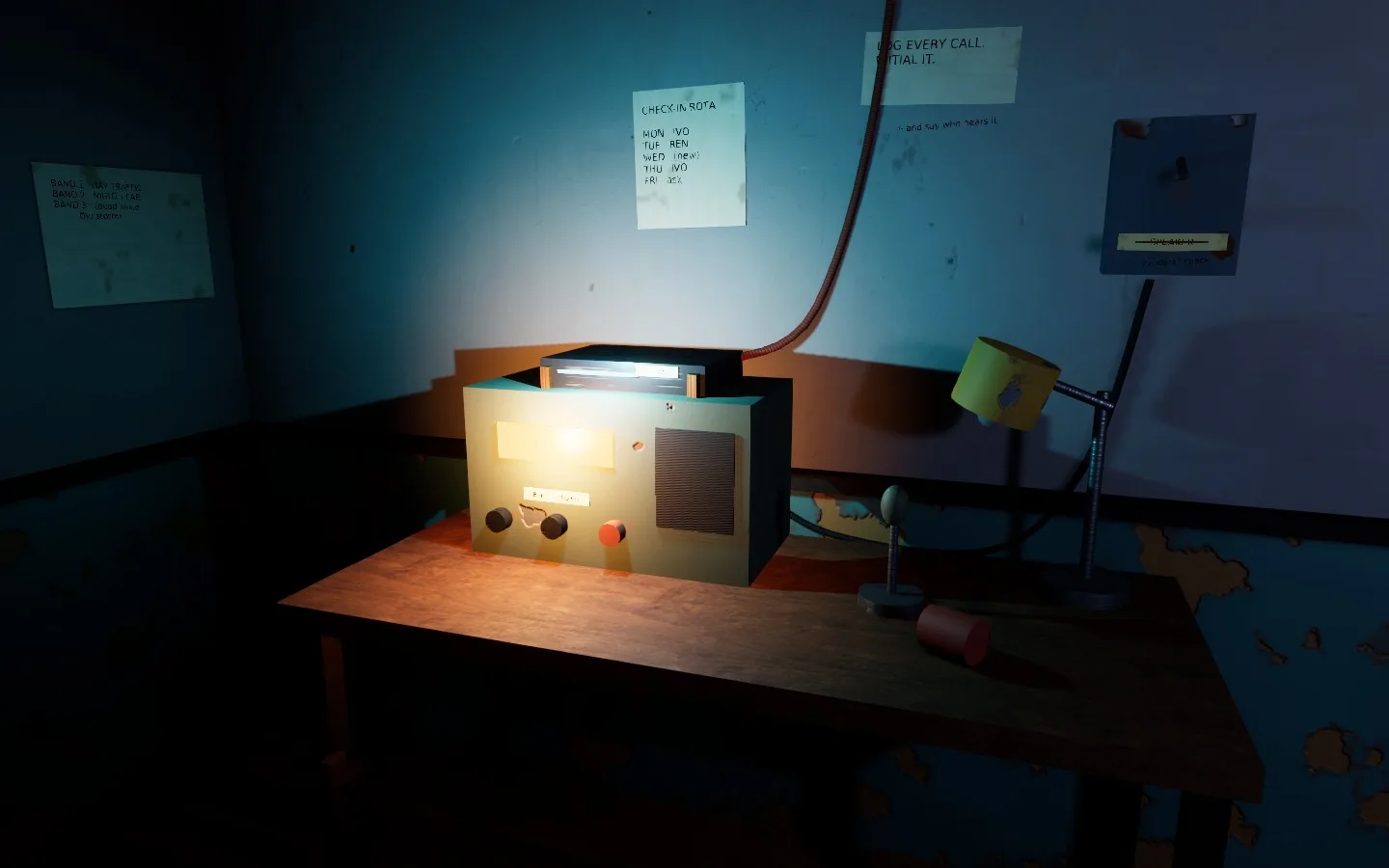 A desk lamp lights an old radio set in a dark room. A note on the wall reads “Log every call. Initial it.”